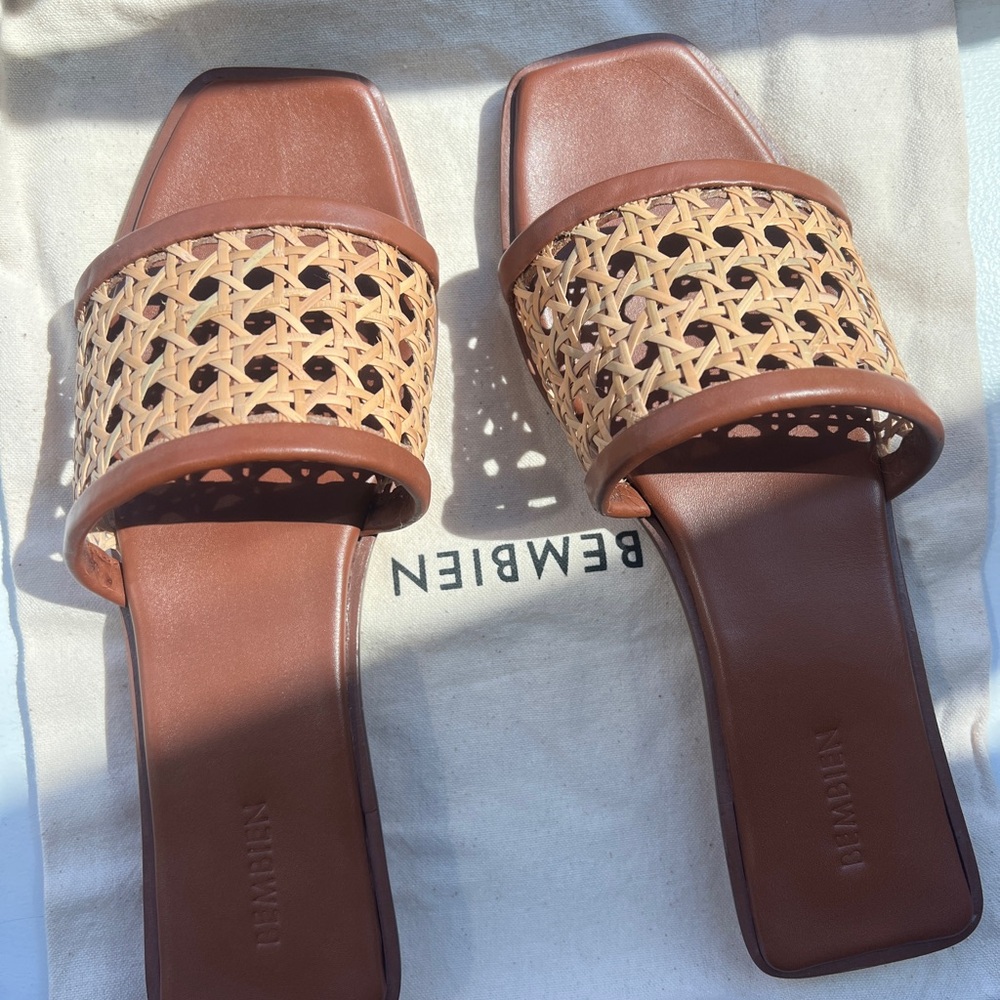 Woven Rattan Slide Sandals in Brown -